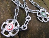 Chain link Recycled Ring Pull Pendant style Flower Necklace, silver with red or green