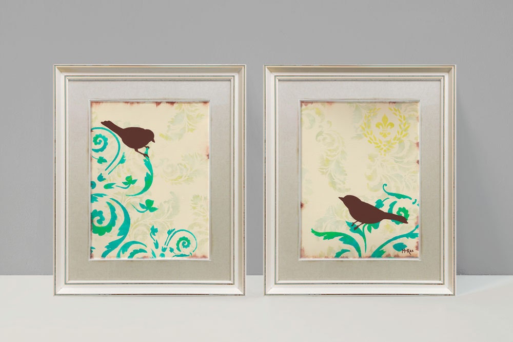 Love Bird Prints, Cottage Chic Shabby, Damask wall decor, Large Prints, Set of Two, 9 x 12 inches