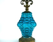 Large Turquoise Lamp. Aqua Teal. Geometric Glass Table Lamp. Brass. Large. Tall. Art Deco Decor. Mid Century. Hollywood Regency.