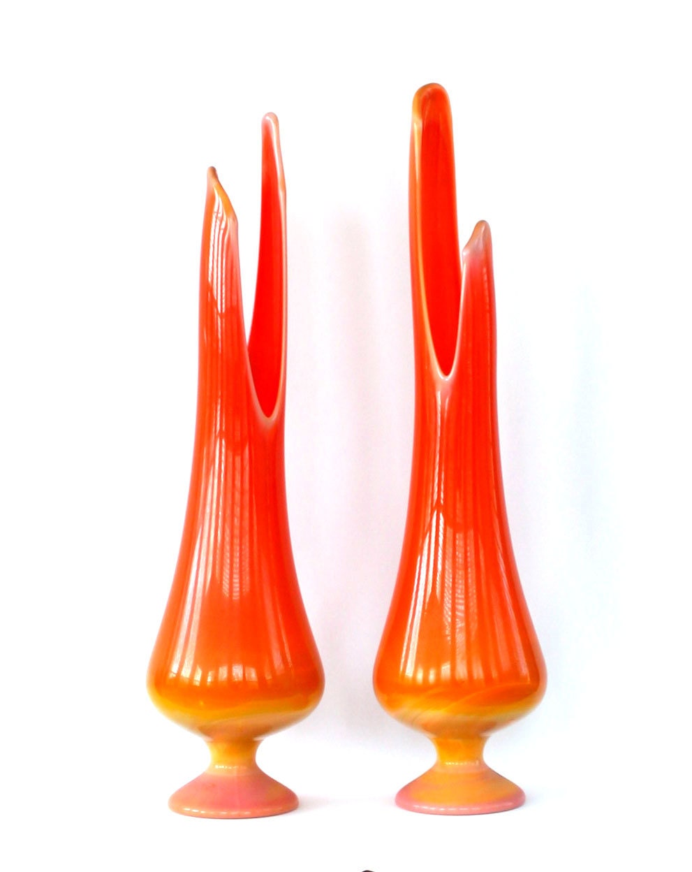 Orange Vase. Swung Glass Vase. Retro. Mid Century Modern. Art Glass. Pair of Vases. Fire Orange. Colorful. Bright. Mod. Eames.