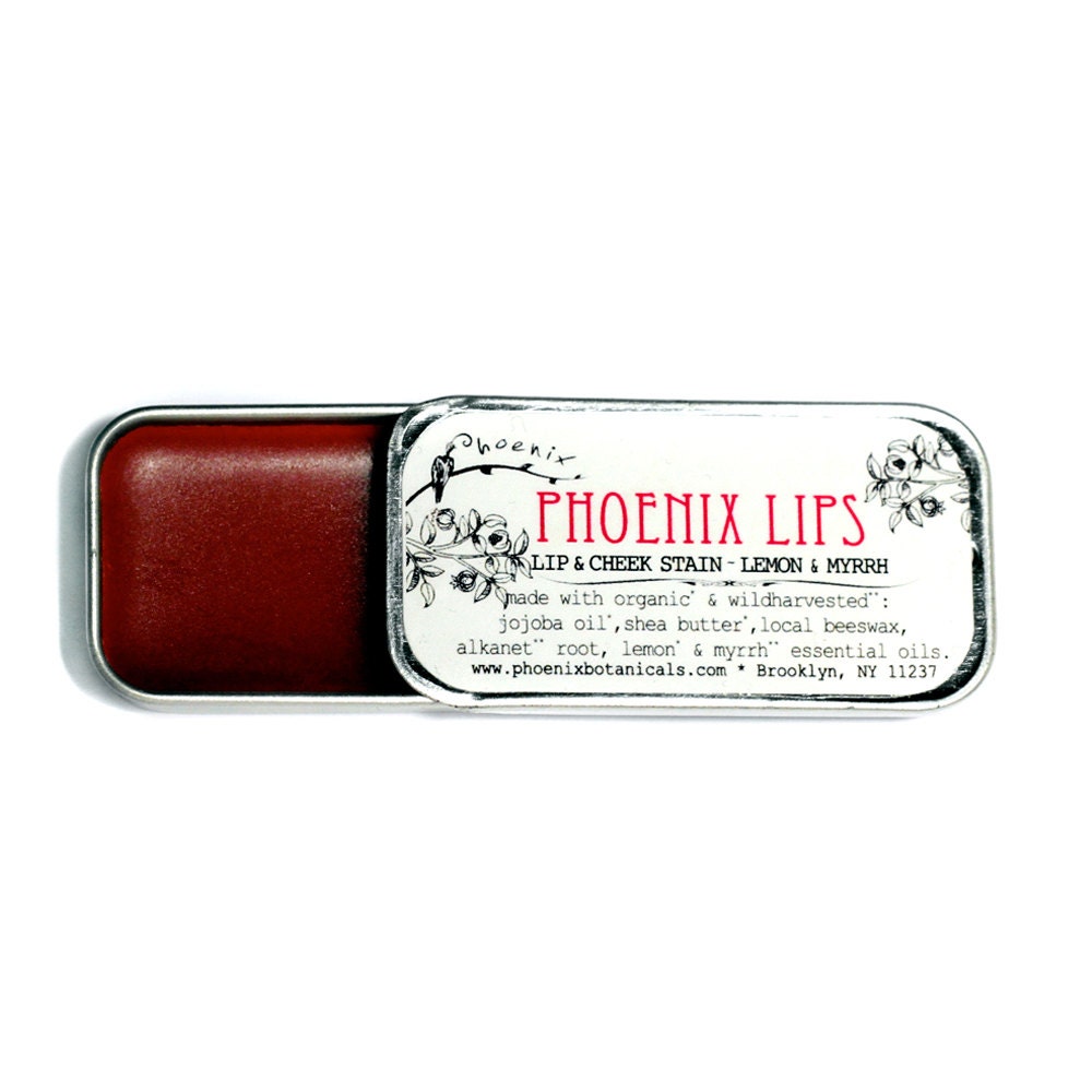 Phoenix Lips - Organic Lip Tint  - Ruby Shade - Lemon and Myrrh, Rose OR Unscented - .25 oz tin