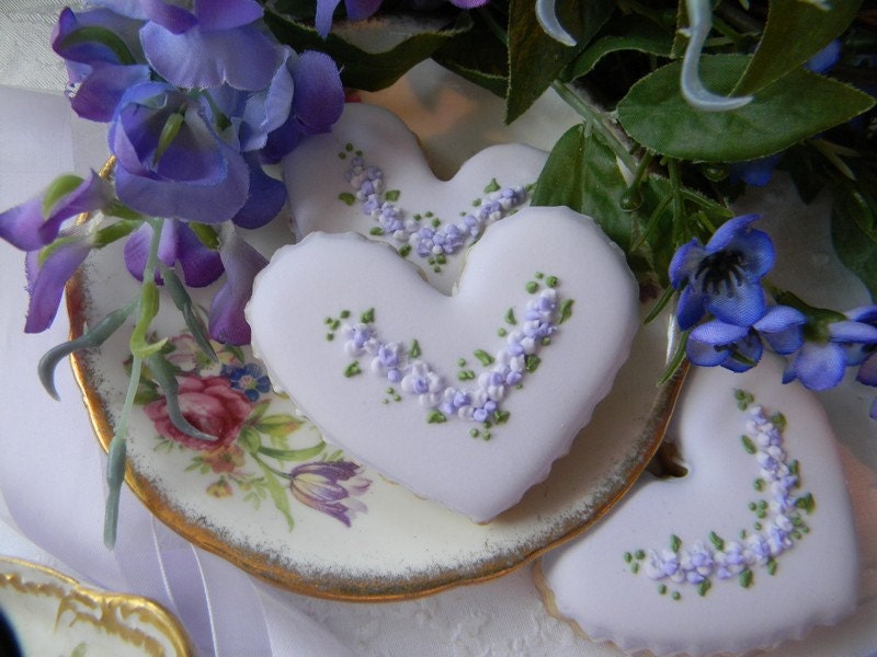 Scalloped  Lavender Heart Cookies  12 cookies  One Dozen