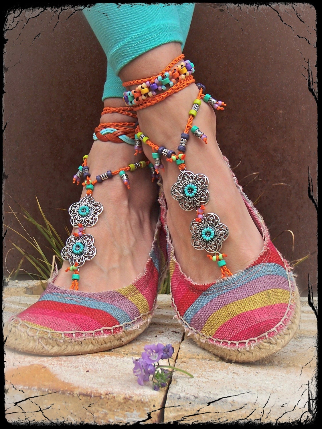 GYPSY summer BAREFOOT SANDALS soleless sandals beach wedding rainbow dance jewelry Anklet foot jewelry bohemian shoes Orange toe thong