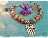 Gold HEALING HAND BRACELET Hamsa Hand Fatima Bracelet Hippie bracelet stackable bracelet Gypsy beaded bracelet Crazy Agate statement