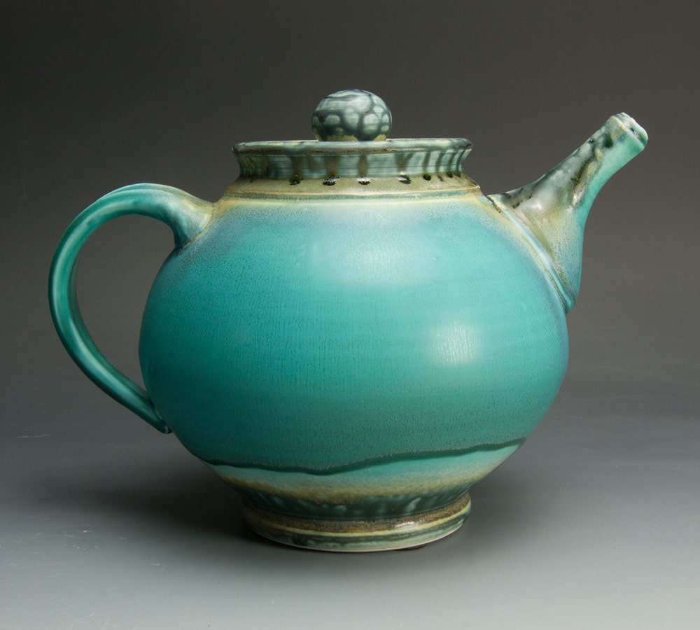 Handmade turquoise stoneware 6 cup plus teapot - 1034