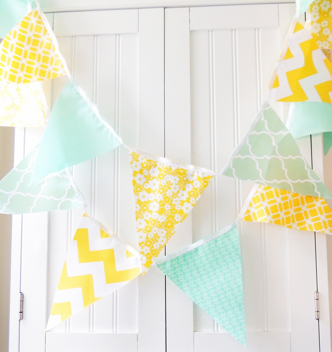 21 Fabric Flag Bunting, 9 Feet Banner, Yellow, Mint Green, Chevron, Quatrefoil, Floral,  Birthday Party Decor, Wedding Garland, Baby Nursery
