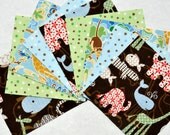 64 - 5 inches Charm Pack of Flannel Quilt Squares for Baby Boy Girl Quilt Top Jungle whales, giraffes, monkeys Blue Green Quilt Kit DIY