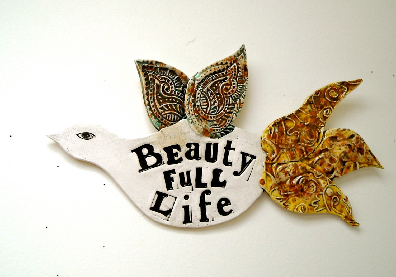 Hanging Poetry Bird Wall Sculpture - Beauty Full Life - Rustic Organic Stamped Quote Pottery Plaque - Inspirational Ceramic Fine Art Sign