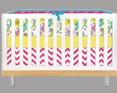 Modern Florals, Aqua Pink Yellow Crib Bedding  (Modern Custom Crib Set)