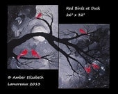 Large Original Painting Red Birds at Dusk Surreal Acrylic Canvas Art Amber Elizabeth Lamoreaux Tree Branches Stars Night Black White Red