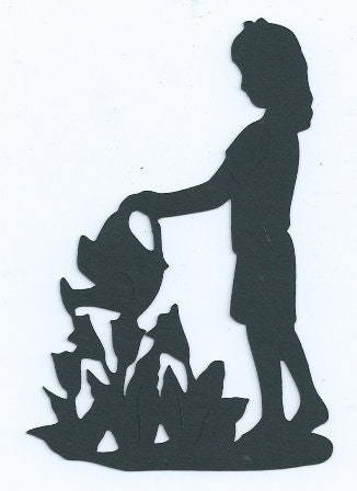 Girl watering garden silhouette