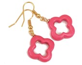 Coral Pink Gold Silver or Bronze Quatrefoil Clover Statement Earrings, Stone, Double Luck
