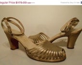 SIZZLING MAY SALE Tiny Bubbles in My Champagne - Late 30s WW2 Champagne Coloured Bandage Swing Shoes - 8/8.5