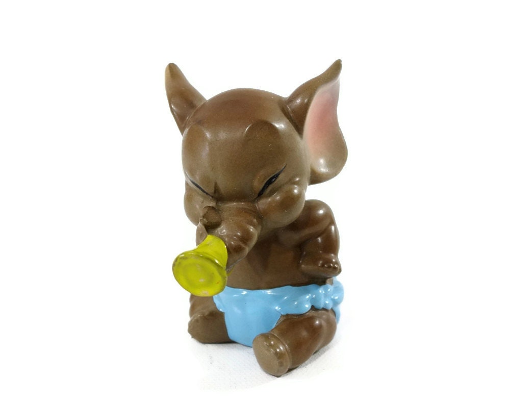 Vintage Baby Elephant Figurine, Blowing Horn, Blue Diaper