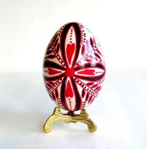 Red Hearts pysanka chicken batik egg, Ukrainian Easter eggs