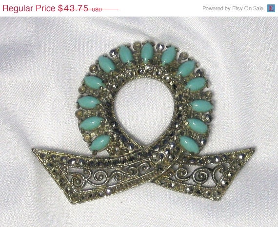 Vintage Signed H. Pomerantz Inc. N.Y. Large Turquoise Brooch