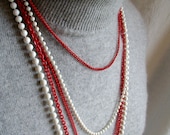 1970s runway five  strand 23" red enamel chain and white bead statement necklace