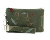 Scroling leaves wristlet / green clutch / small purse / zipper pouch & detachable key fob gift set for women in modern fabric