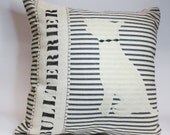 Decorative Throw Pillow Cushion Cover with Off White Bull Terrier Silhouette Applique and black and ivory ticking stripe at back