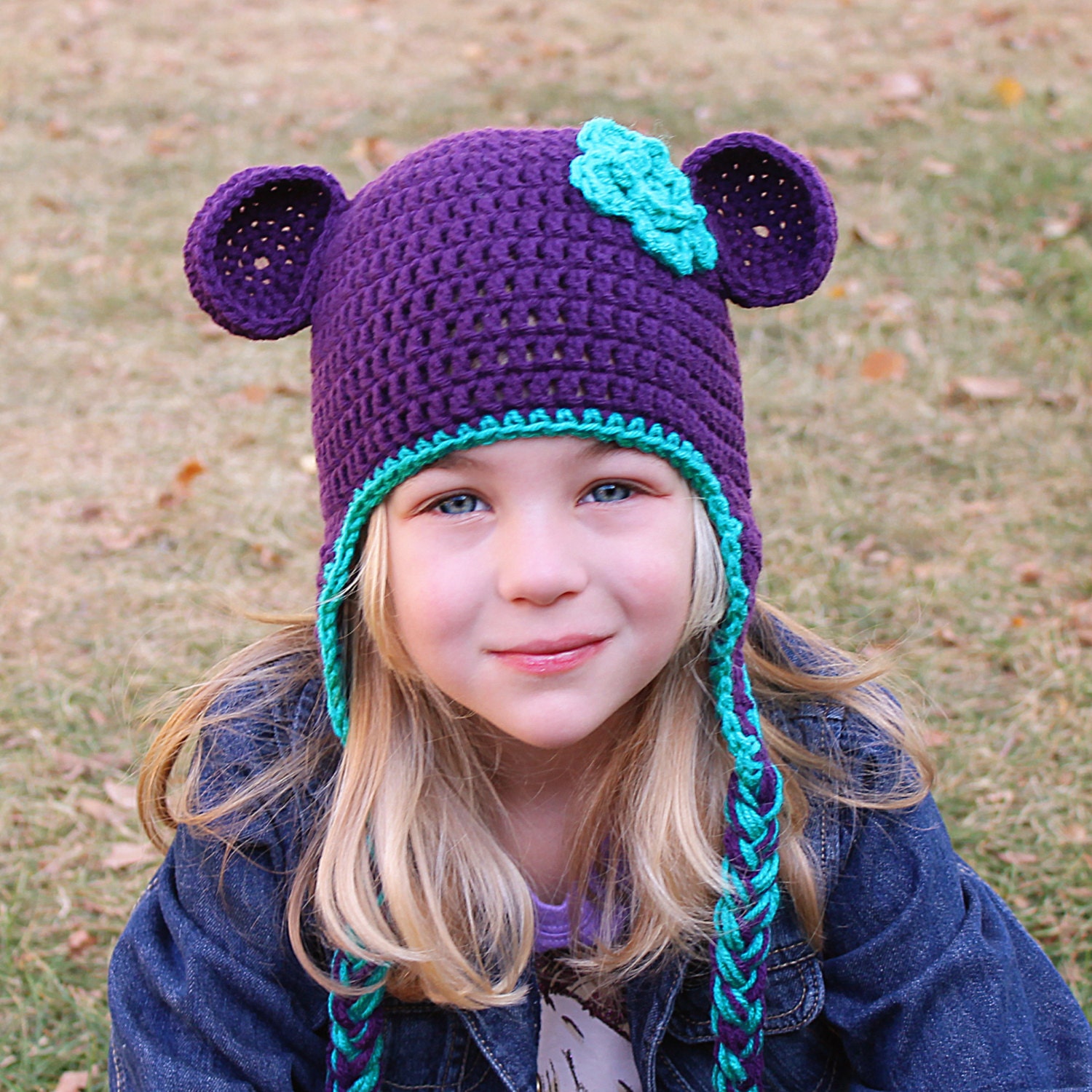 Purple Bear Hat with Teal Trim and Flower- Choose your size