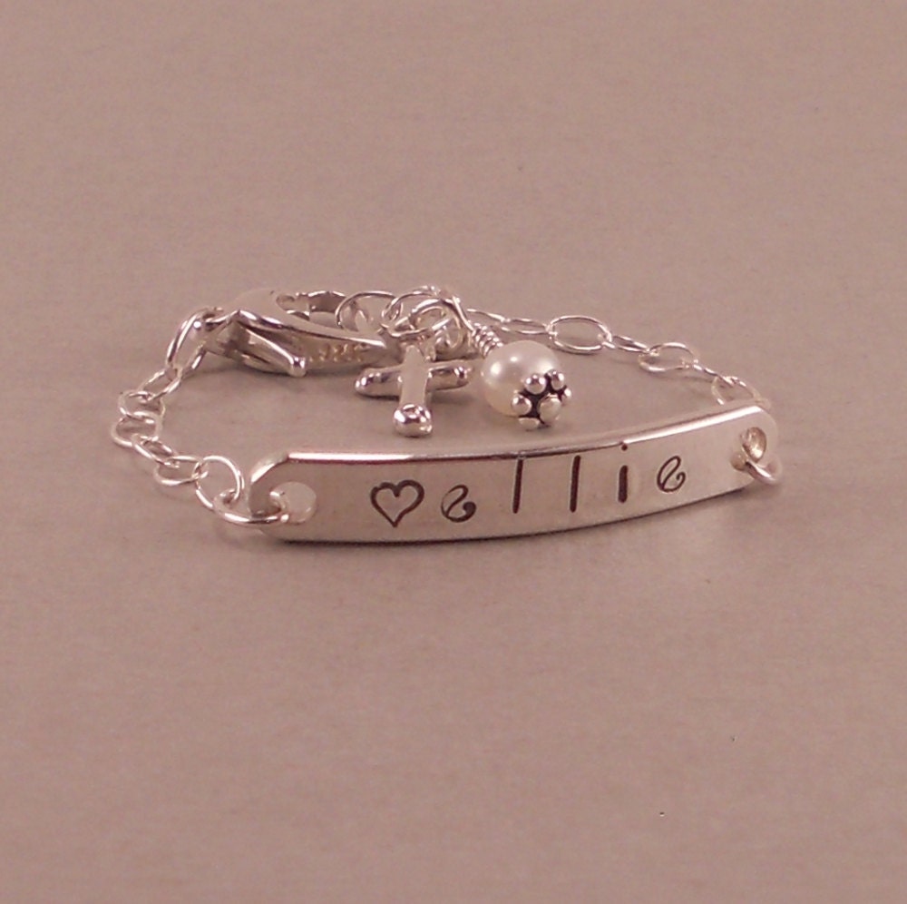 Baby ID Bracelet, hand stamped sterling silver, Little Girls name bracelets, baptism gift, pearl, personalized, cross