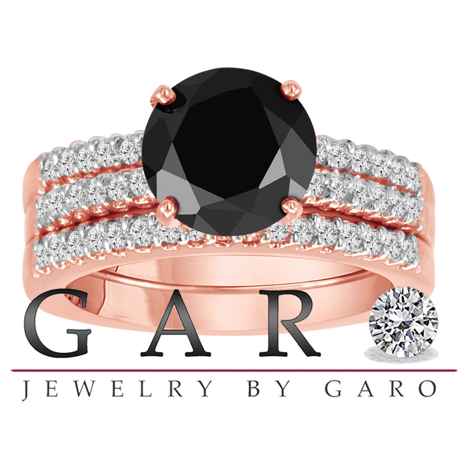 14K Rose Gold 2.62 Carat Fancy Black & White Diamond Engagement Ring And Two Wedding Aniversary 2 Band Sets HandMade