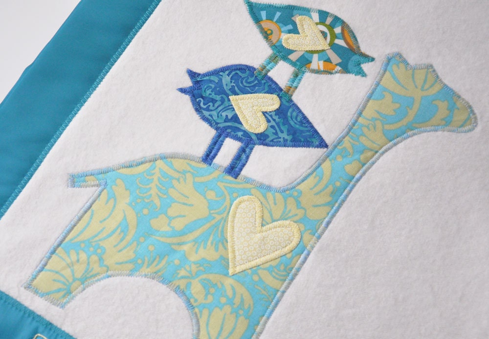Organic Baby Blanket with Zoo Animals - Giraffe in Blue for Baby Boy - Personalized Free