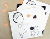 Reusable Cards Set: Illustration of Acorn Girl and Squirrel, with Leaves