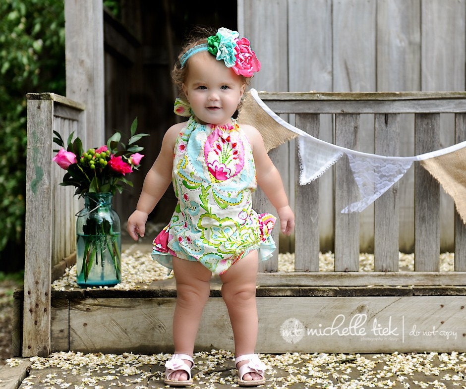 Hot pink aqua cream and green ruffle bloomers diaper cover romper sunsuit M2M Dena Fishbein Kumari Garden baby newborn infant toddler girl