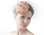 Straw Cocktail Mini Hat Pink Pearl Beads Spotted Fascinator Spots Vintage Natural Straw Summer Party Accessories Bridal Shower Wedding Wear