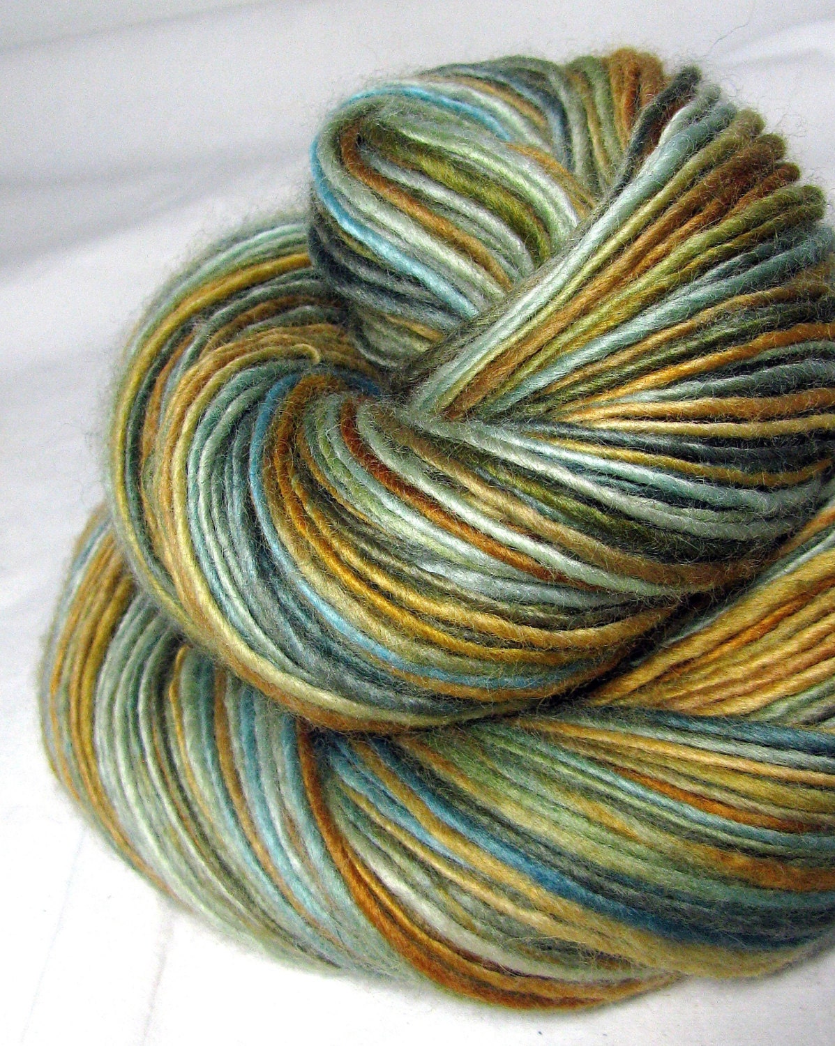 Handspun Yarn Gently Thick and Thin Worsted Single Blue Faced Leicester Lynn Vogel's 'Olive Blossom Blue' Limited Edition