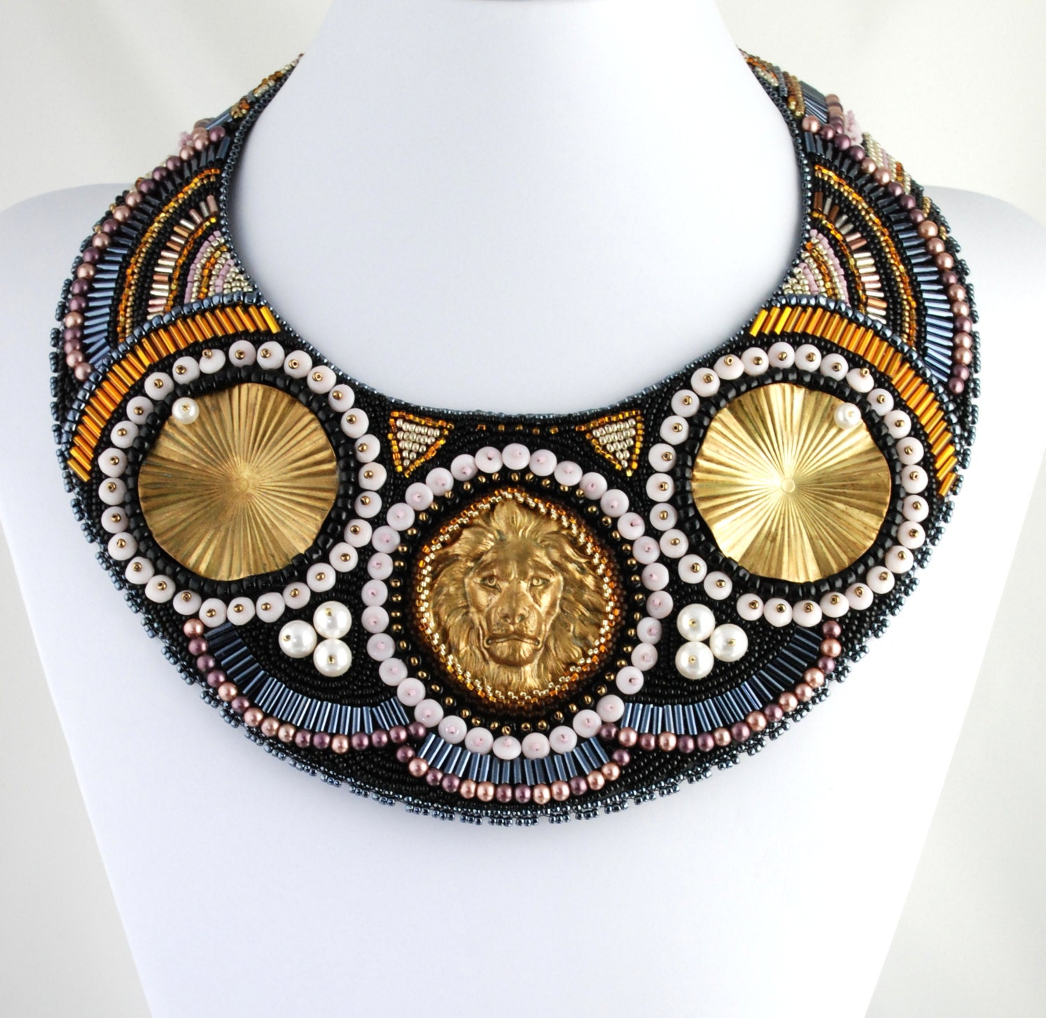Diana's Companion - Large Statement Collar Necklace, Custom MADE to ORDER, Bead Embroidered, Geometric in Black and Neutral Colored Glass