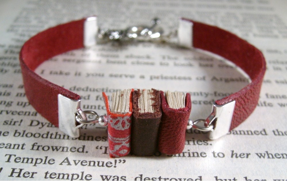 Miniature Book Bracelet Stack of 3 Mini Books and Leather Bracelet Red Silver