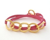 Leather & Chain Wrap Bracelet -- pink leather and gold chain wrap bracelet . handmade jewelry by MoshPoshDesigns