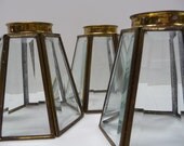 Three Beveled glass shades Arts and Crafts Soldered brass 6 sided Mission style Vintage lamp light