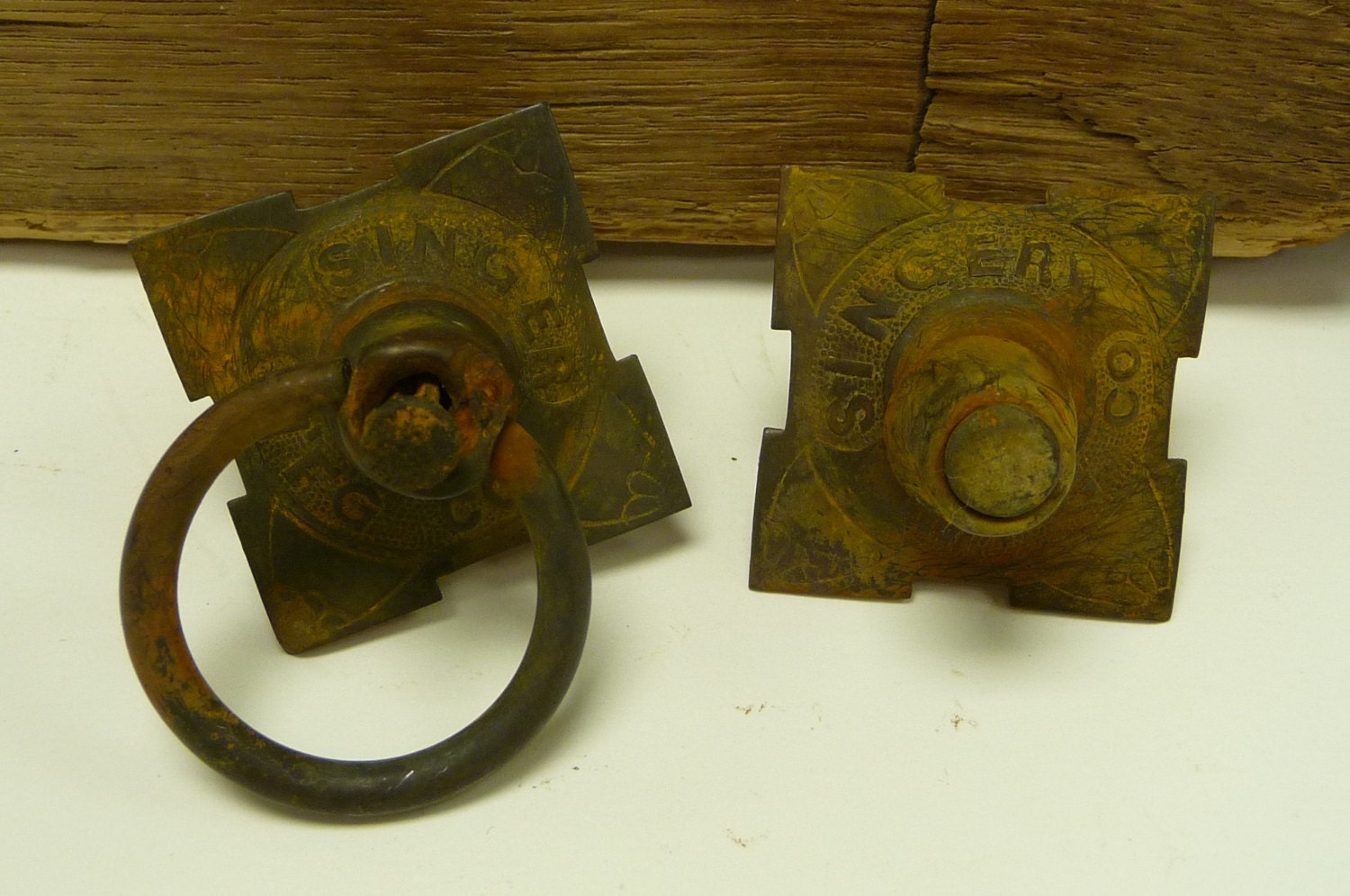 2 drop handle drawer, Singer MFG CO.  ring pull rustic solid brass old antique hardware