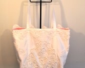 White satin alencon lace beaded bridal tote brides bag rose interior