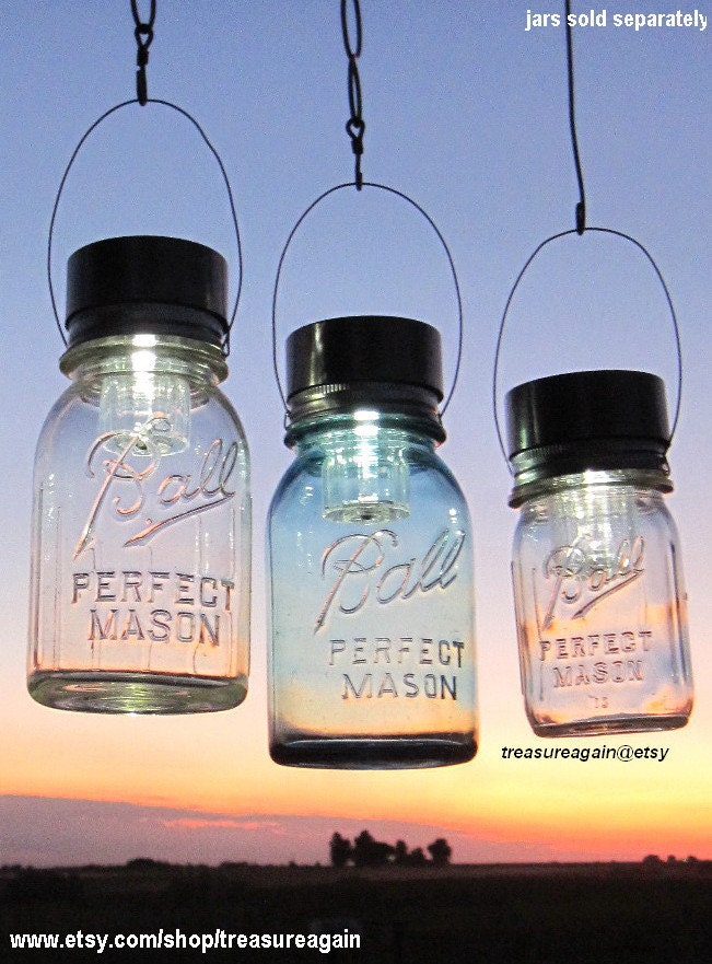 Night Gardening 3 Lanterns Hanging Outdoor Gardening Lights, Upcycled Ball Mason Jar Solar Light LIDS