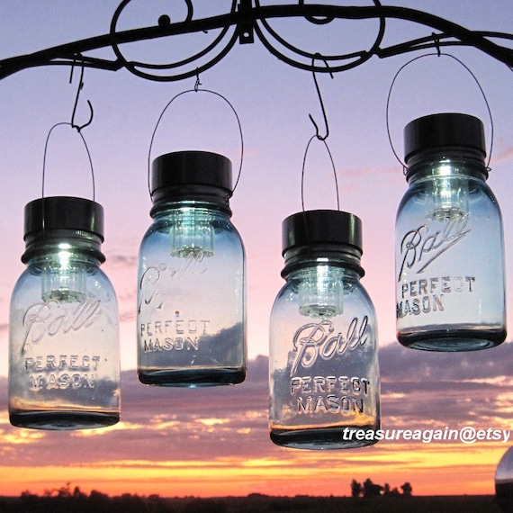 Hanging Mason Jar Lights 4 Ball Mason Jar Solar Lights, Outdoor Garden Quart Aqua Blue Glass Antique Hanging Lanterns, Gifts