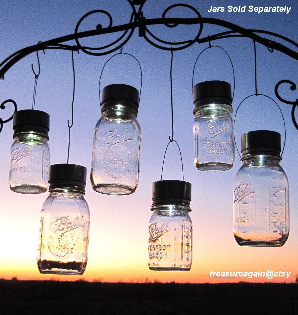 Garden Solar Jar Lights 6 Mason Jar Solar Lids Garden Decor, Weddings, Outdoor and Garden Lighting, 6 Hanging Mason Jar Lids Only, No Jars