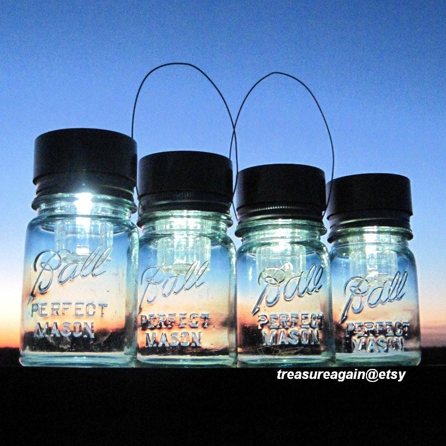 4 Ball Pint Outdoor Lamps Mason Jar Solar Lights Antique Blue Mason Jar Canning Jar Garden Lights, 2 with Hangers