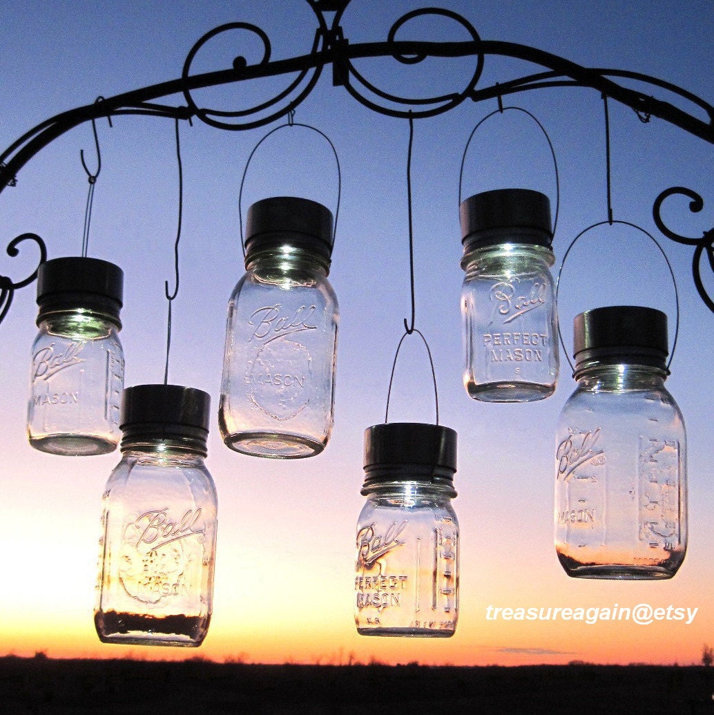 Solar Eco Friendly Lights Going Green Eco-Friendly Wedding 2 Clear Ball Mason Jar Solar Lights Hanging Lanterns, Upcycled Garden Decor