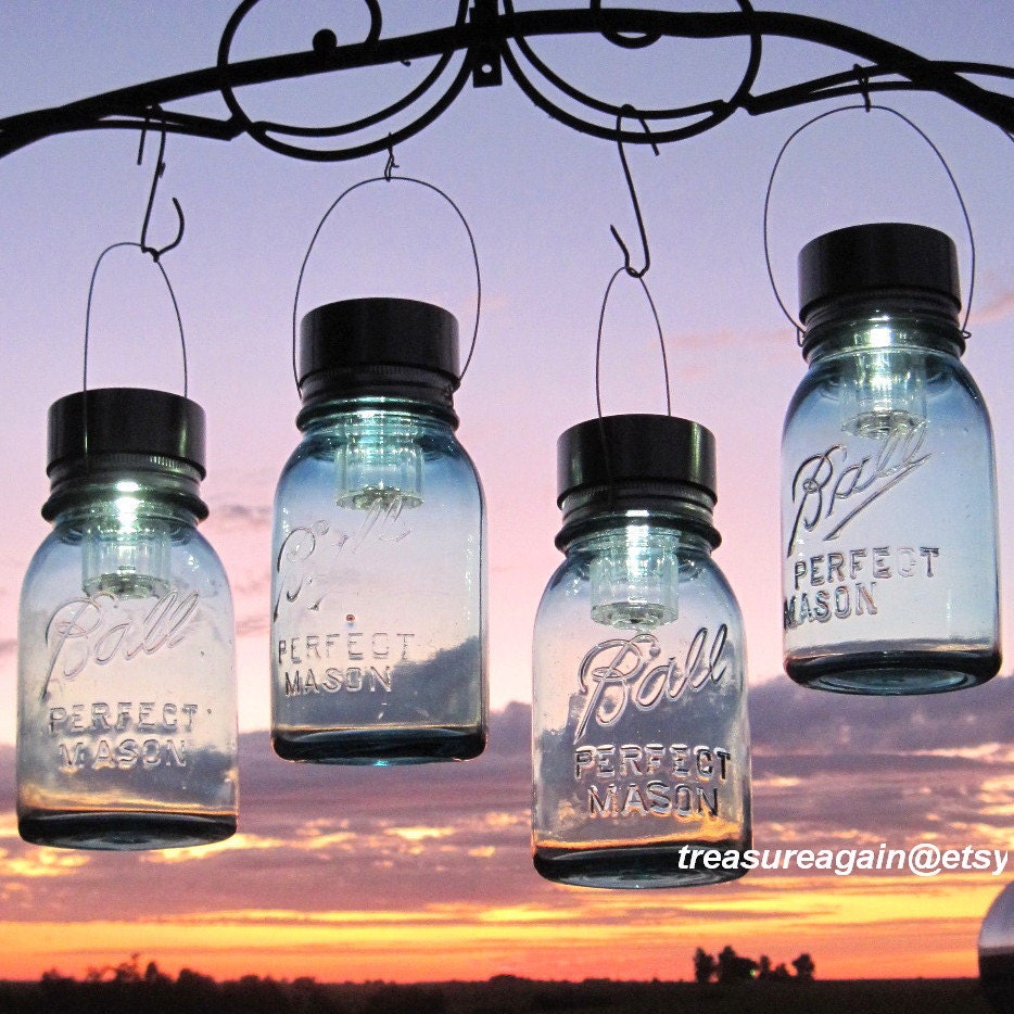 Hanging Mason Jar Lights 4 Ball Mason Jar Solar Lights, Outdoor Garden Quart Aqua Blue Glass Antique Hanging Lanterns, Gifts