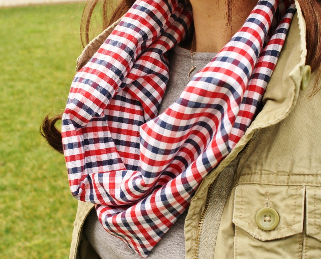 Americana Plaid Cowl Scarf--Red White and Blue Gingham Infinity