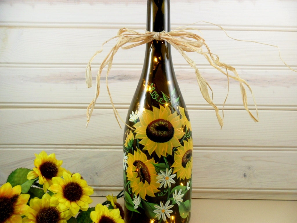 Lighted Wine Bottle Sunflowers Brown Hand Painted 750 ml