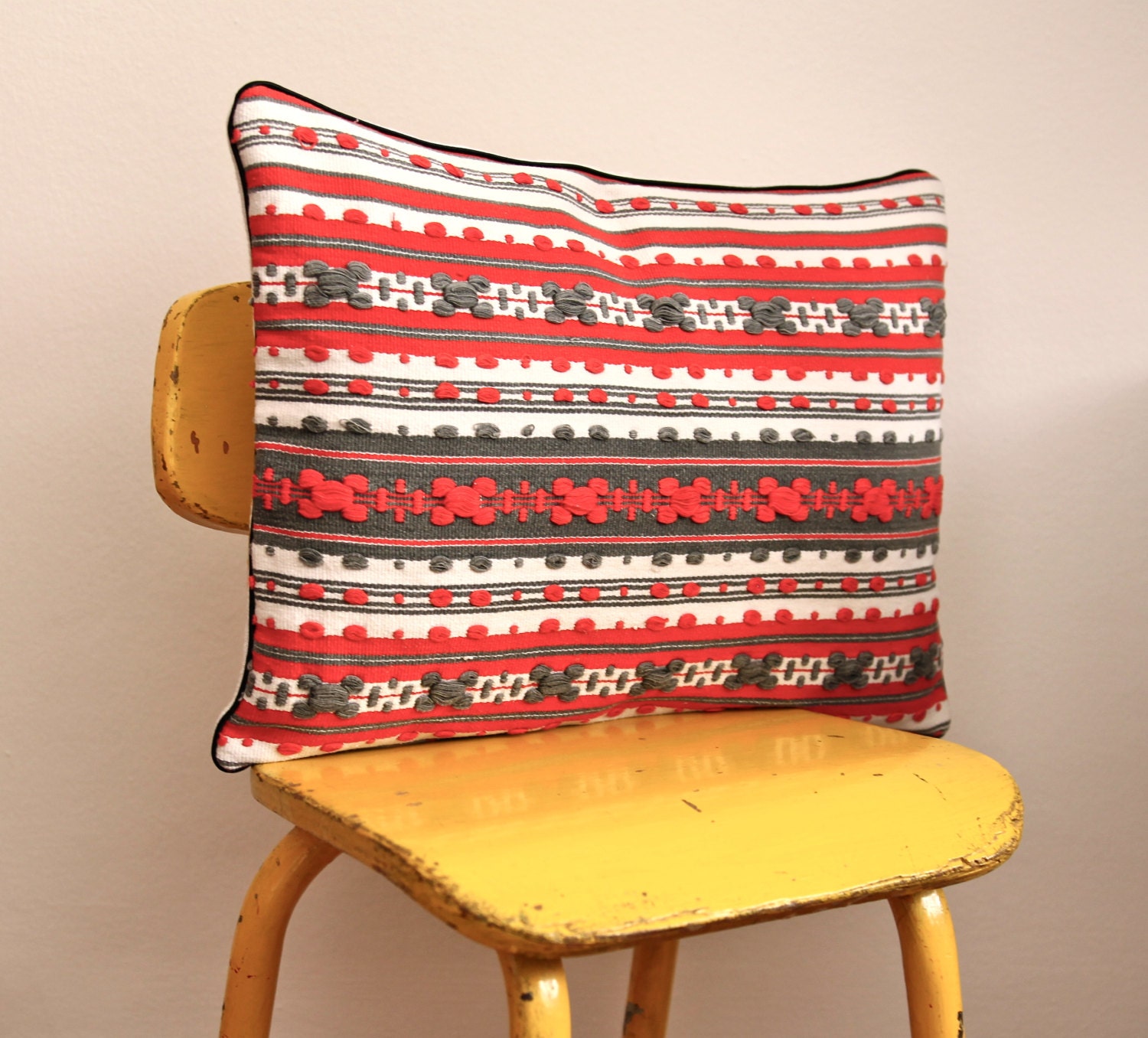 OOAK hand woven red, grey and white pillow cover
