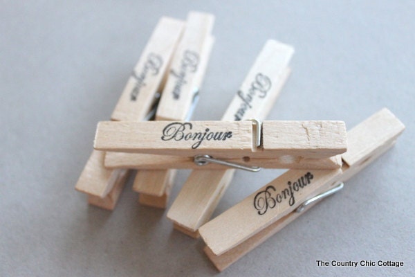 Bonjour French Script Stamped Clothespins Set of 5 -- your choice of color