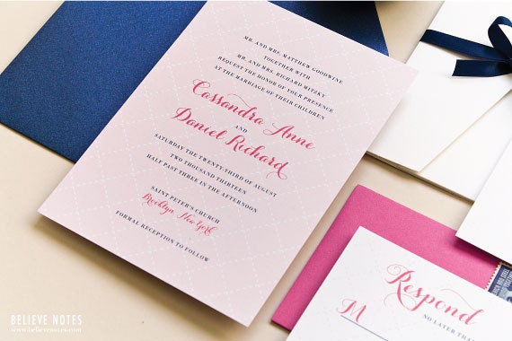 Navy and Pink Flat Printing Invitations - Pearl Wedding Invitation Sample Set
