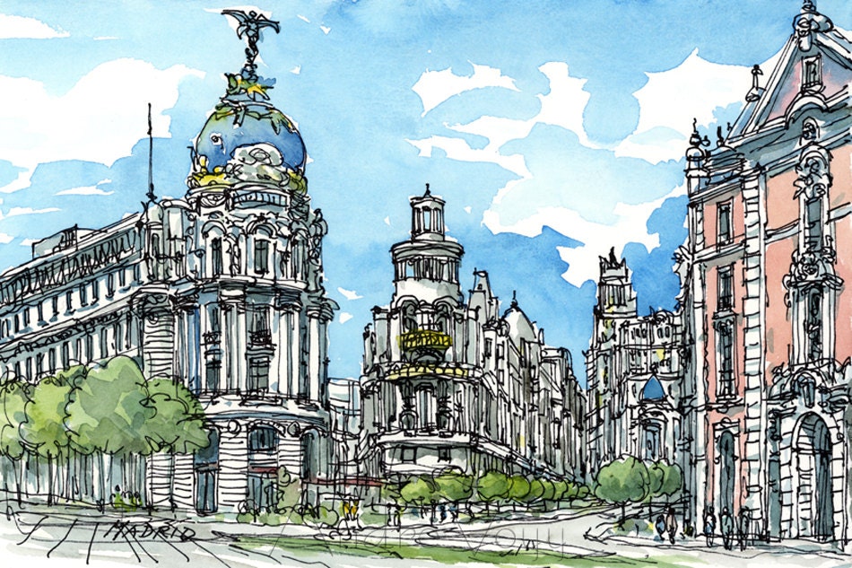 Madrid, Spain 12" x 9" print from original watercolor painting - AndreVoyy