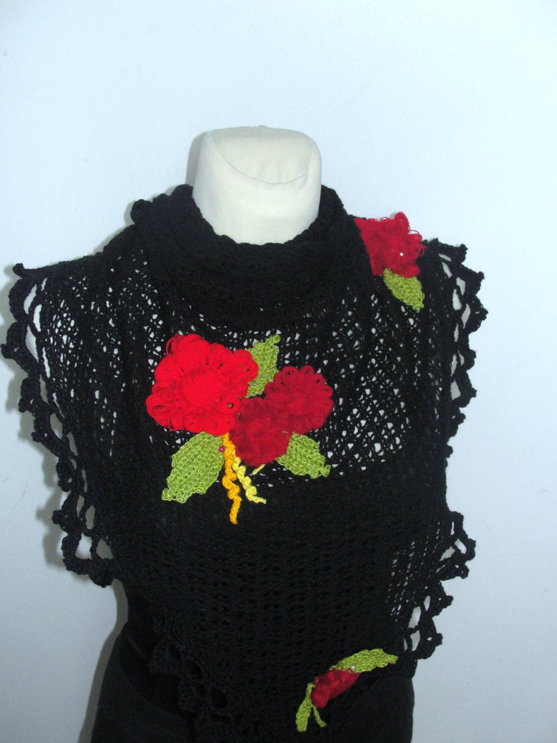 REDUCED   SCARF knitting , shawl,black wool, triangular, decorated  red crocheted appliqued, collection 2013